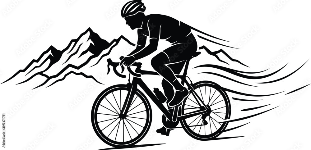 Fototapeta premium Silhouette cyclist riding bicycle in motion against majestic mountain range on white background, monochrome illustration in silhouette style, sporty cyclist in action