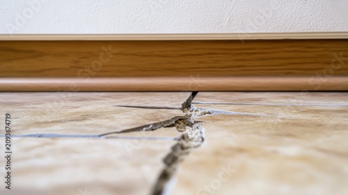 Close up of broken and cracked ceramic floor tiles in a residential building room. Need for renovation