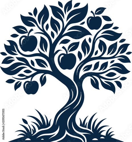 Silhouette of a fruit tree with apples and leaves on white background in minimalist style illustration