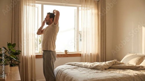 Man stretching in bedroom by window with adult person morning