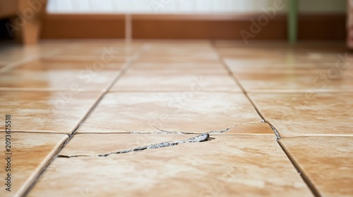 Close up of broken and cracked ceramic floor tiles in a residential building room. Need for renovation