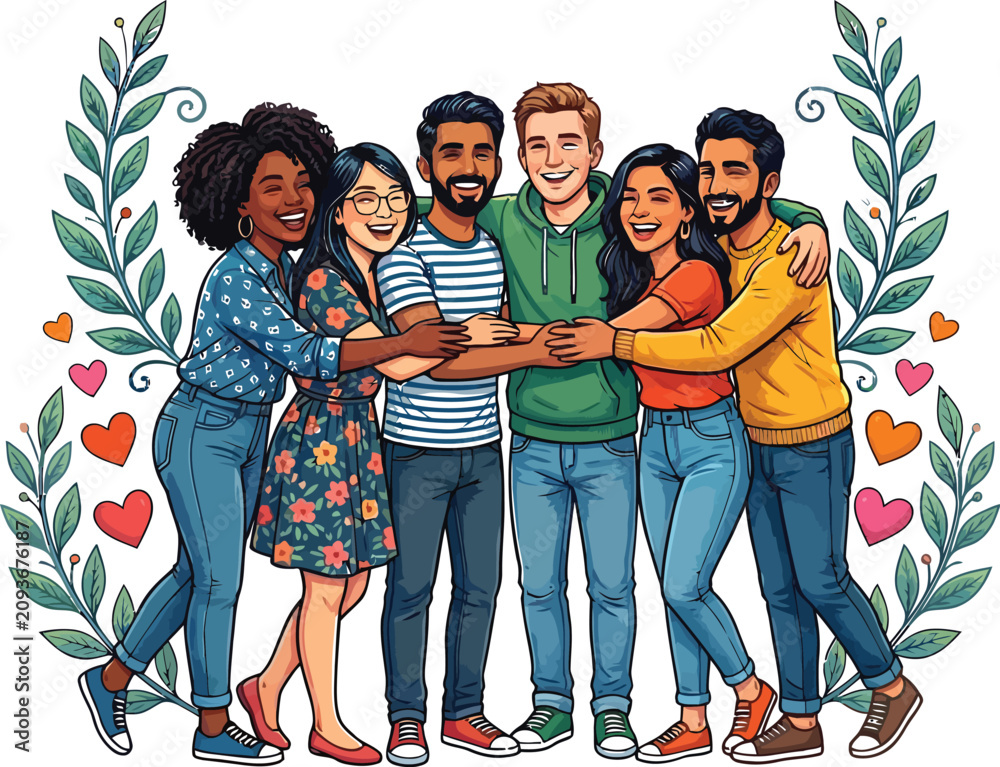 Fototapeta premium Group of Friends Hugging with Hearts and Leaves on a transparent background