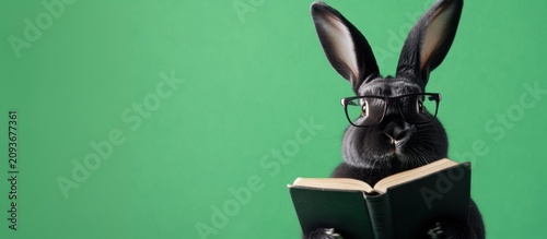 Funny smart black rabbit wearing eyeglasses holding and reading a book against a solid green background