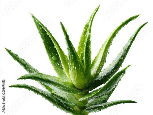 Fresh green aloe vera plant leaves with water droplets isolated on white background skincare cosmetic droplets moisture hydration botanical medicine wellness treatment isolated background
