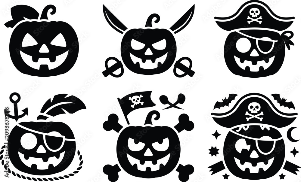 Obraz premium Set of black halloween pirate pumpkins with different accessories isolated on white