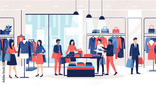 Diverse shoppers browsing clothes and bags in a modern fashion boutique during a busy sales event inside a shopping mall.