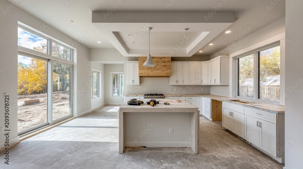Fototapeta premium Modern kitchen under construction with white cabinets and large windows overlooking autumn trees