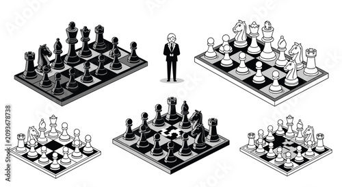 Businessman standing in center of multiple strategic isometric chessboards, depicting corporate strategy and planning.