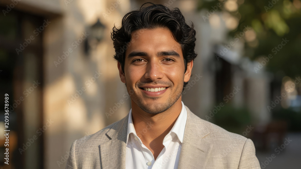 Obraz premium Smiling Young Businessman in Beige Suit Walking on Sunny City Street