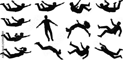 Fotografía Falling Human Silhouette Collection Featuring Skydiving Floating Jumping Freefal