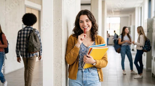 Portrait of a smiling female college student holding books in a busy school hallway.