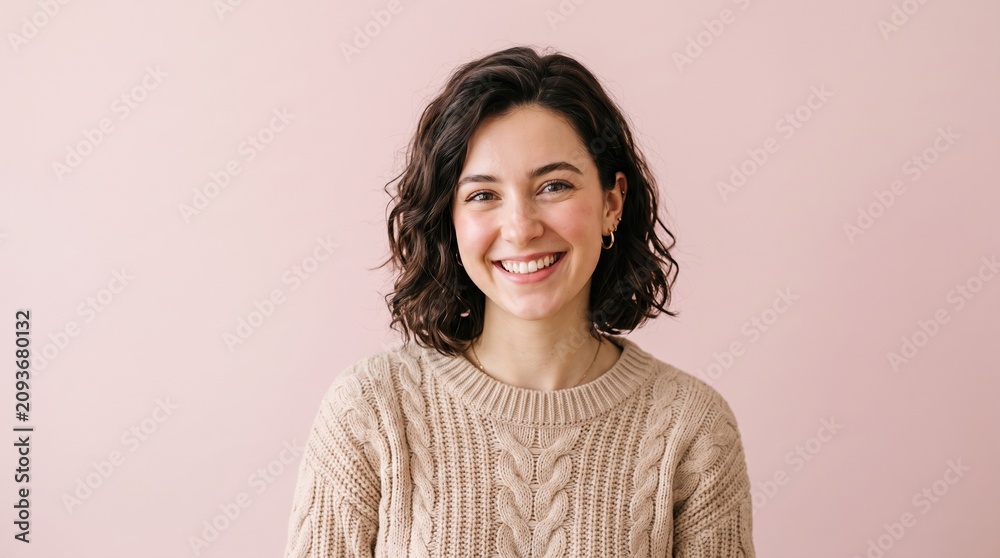 Fototapeta premium Portrait of a smiling young woman wearing a chunky knit sweater against a pink background with well being, portrait
