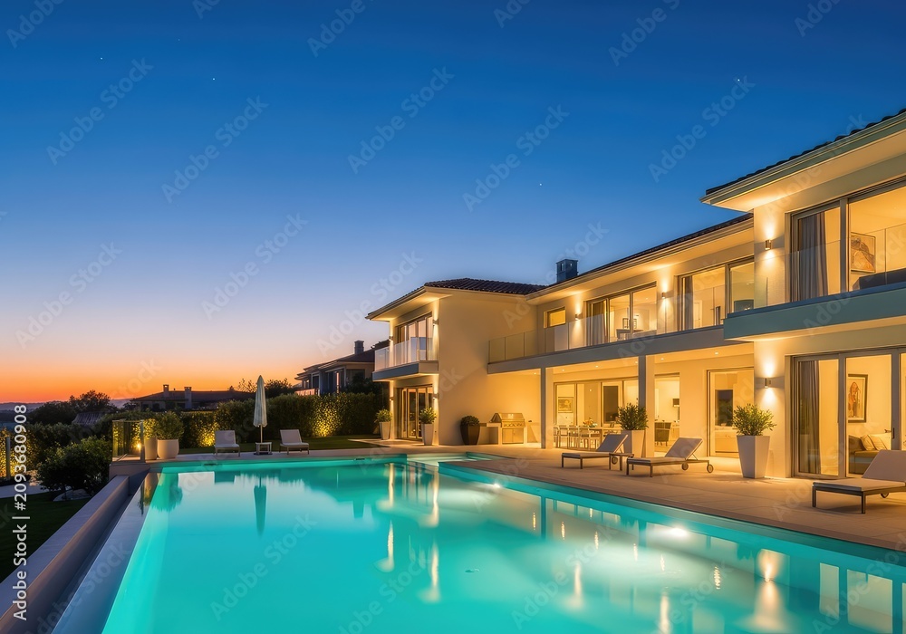 Fototapeta premium A peaceful evening view of a glowing turquoise swimming pool beside a modern luxury mansion with elegant architectural outdoor lighting, luxury, twilight, tranquil