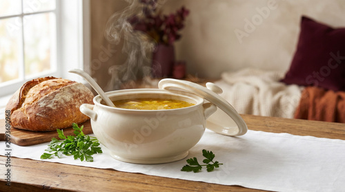 Rustic table setting with steaming soup in tureen and bread  