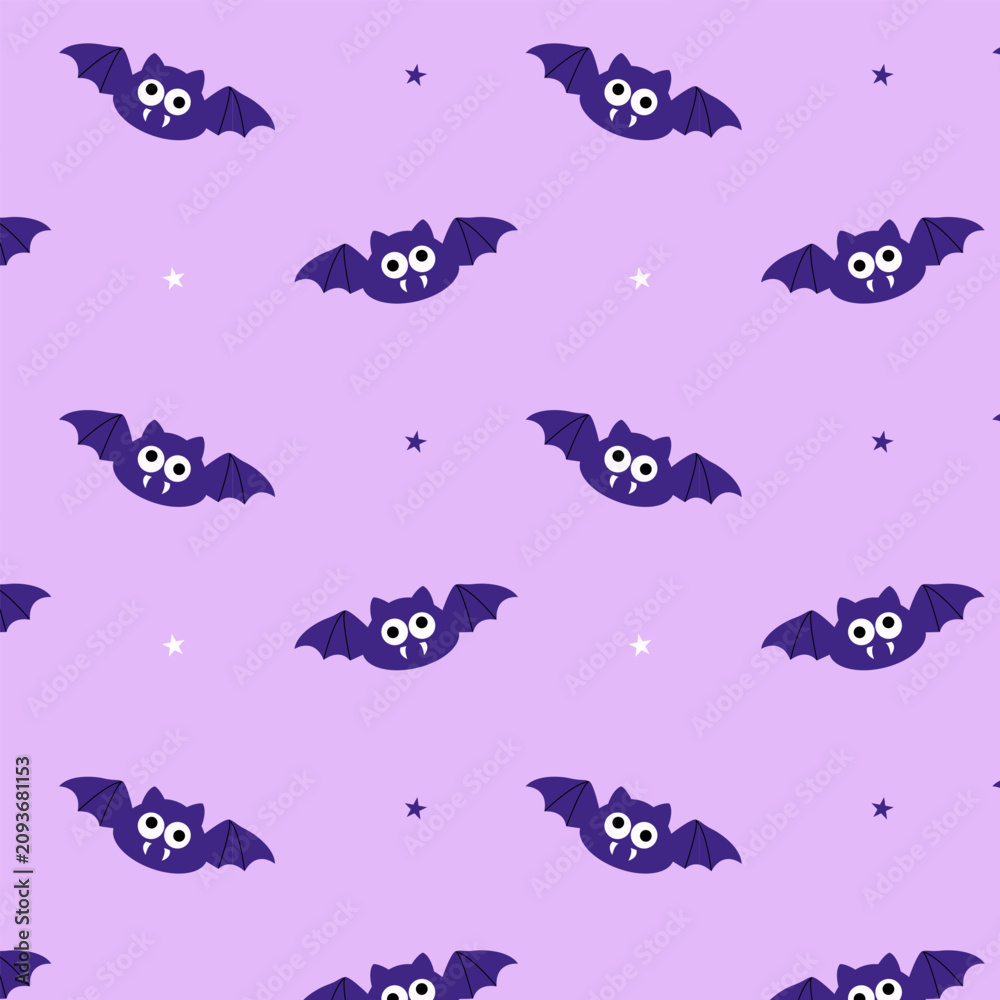 Obraz premium Spooky Halloween seamless pattern with flying purple bats vampire fangs and small stars on light violet background for festive autumn projects printing