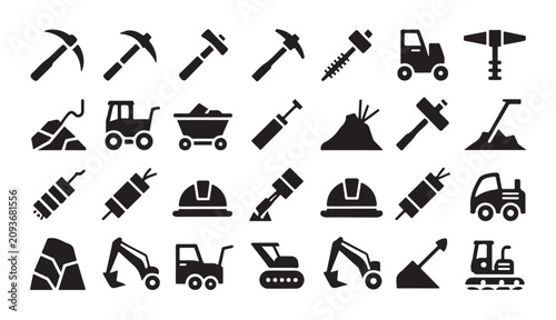 Obraz na płótnie Heavy duty mining machinery and quarrying equipment icons with excavators and explosives
