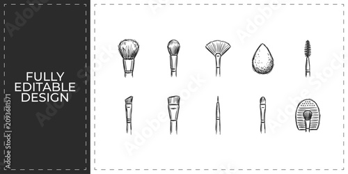 Hand drawn makeup brush and cosmetic applicator icon set featuring various beauty tools for salon and professional artist illustration doodle vector sketch