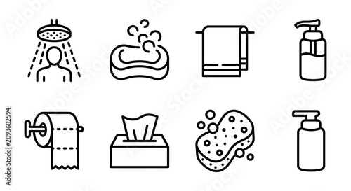 Fotografía Bathroom Fixtures And Supplies Black Line Icons On White Background