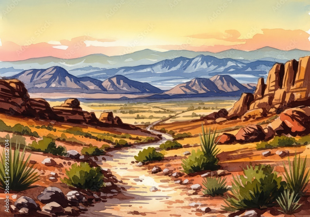 Obraz premium Atmospheric watercolor painting of a vast ancient landscape showing a winding desert path toward distant mountains under a soft golden sky, landscape, light, golden