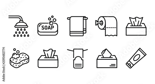 Fotografie Bathroom Fixtures And Supplies Black Line Icons On White Background