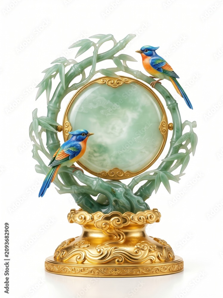 Fototapeta premium Luxury celadon jade sculpture featuring two colorful songbirds resting on bamboo branches, translucent jade disc, polished metallic gold cloud pedestal, elegant oriental home decor