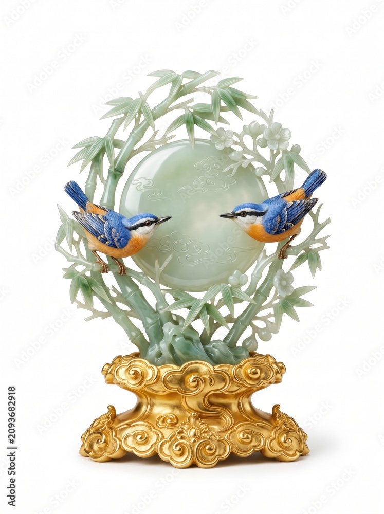 Fototapeta premium Luxury celadon jade sculpture featuring two colorful songbirds resting on bamboo branches, translucent jade disc, polished metallic gold cloud pedestal, elegant oriental home decor