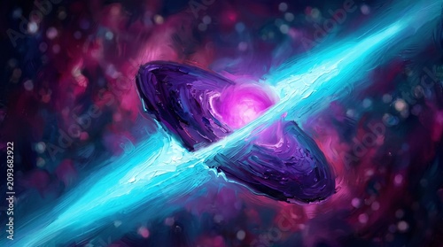 Teal energy beam cutting through a dark pink portal shape