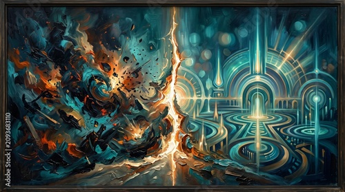 Teal and orange lightning crack against a dark structure