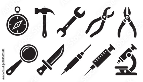 Assorted professional utility tool icons set including compass wrench pliers and knife.