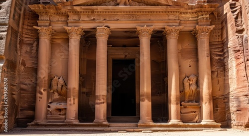 Majestic ancient stone facade featuring a narrow entrance walkway flanked by weathered vertical columns and monumental historic masonry walls, monument, shadow, excavation