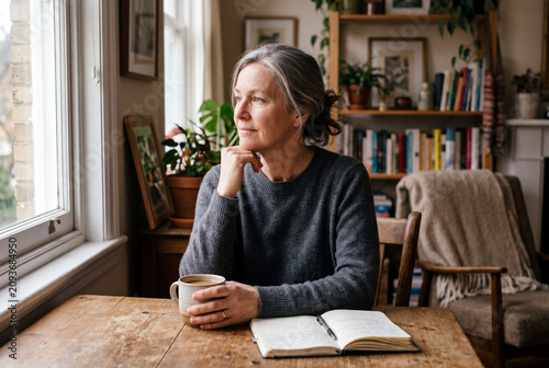 Mature woman reflecting by window drinking coffee
