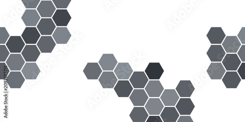 Abstract three clusters of grey and black hexagons arranged in a scattered pattern on a white background.