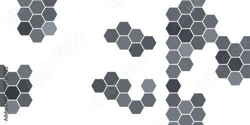 Abstract a cluster of grey hexagonal shapes arranged in a modern, abstract pattern on a white background, suggesting network connectivity and technological advancement.
