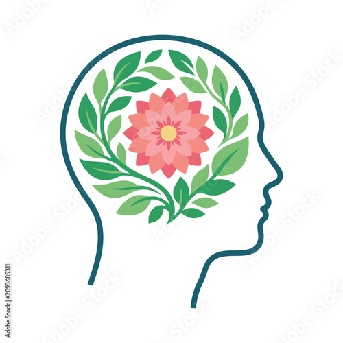 Mental Wellbeing Concept Featuring a Human Head Silhouette with a Blooming Flower and Lush Green Leaves