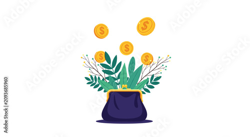 Wealth and financial growth concept showing a purple wallet with green plants growing out of it and golden dollar coins falling in.