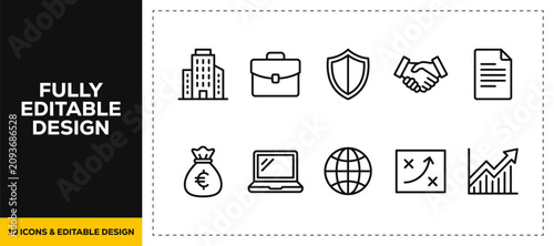 flat vector illustration line art icon bundle set design displaying business collaborations global partnership deals building properties puzzle networks graphic UI