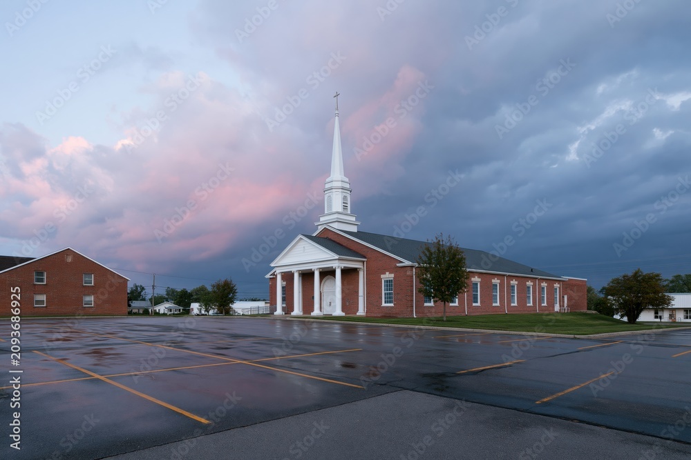 Obraz premium The Church in Soft Sunset Light with White Steeple and Red Brick Facade