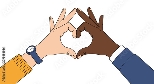 Hands of different skin tones and ethnicities coming together to form a heart shape symbolizing unity love and racial diversity.