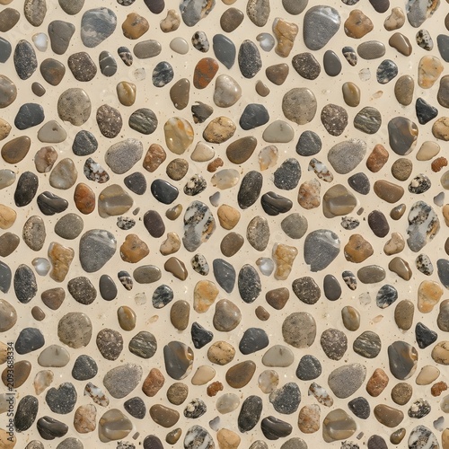 Seamless pattern with colorful smooth round pebbles and river stones on a light gray background