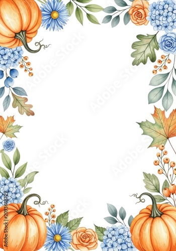 Elegant watercolor autumn border featuring painted pumpkins, delicate seasonal flowers, and foliage in soft orange and cool blue shades, artistic, graphic, harvest