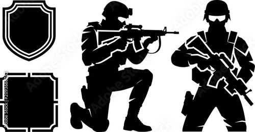 Foto Tactical Soldier and Military Shield Icon Set Featuring Special Forces Infantry