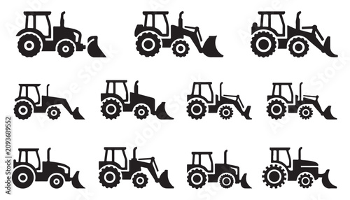 Photos Tractor loader vector set showing different bucket positions and machine configurations