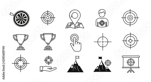 A collection of line art icons representing business goals, targets, success, achievement, and strategic planning, isolated on a white background.