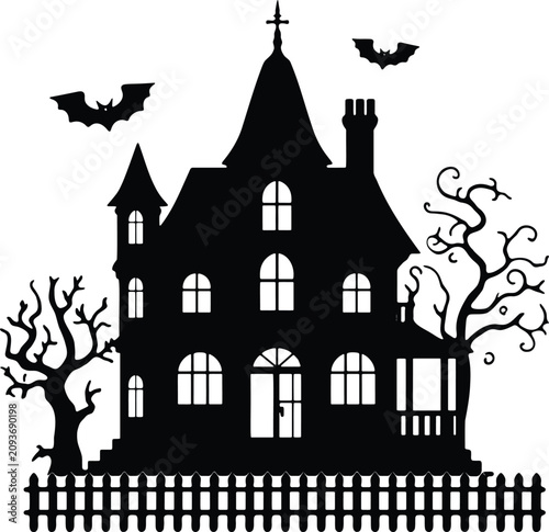 Spooky haunted house silhouette with bats and bare trees against a white background for Halloween