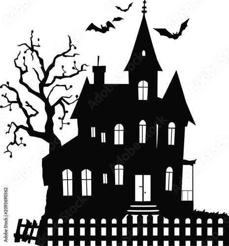 Spooky Haunted Mansion silhouette with bare tree and bats against night sky vector