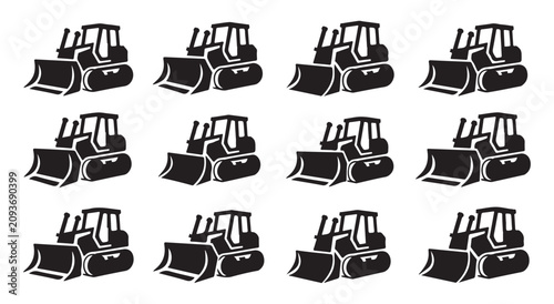 Bild auf Leinwand Bulldozer machinery silhouette icons set, heavy construction vehicles vector collection