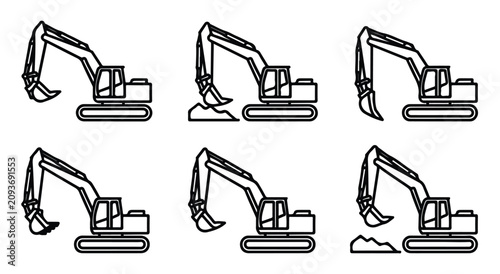 Tableau sur toile Set of outline construction vehicle icons featuring excavators with various operations