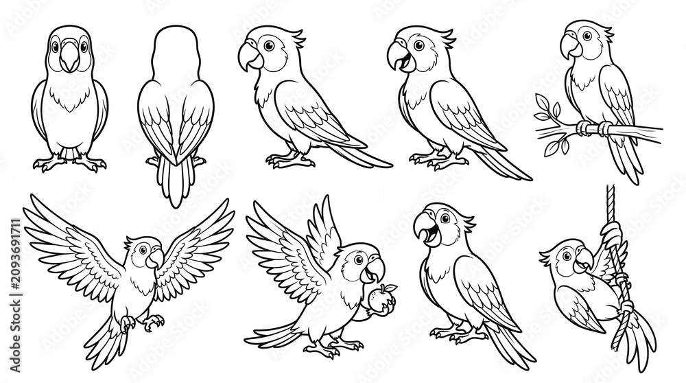 Fototapeta premium Cartoon Parrot Character Poses Set - Black and White Line Art Coloring Page Illustrations