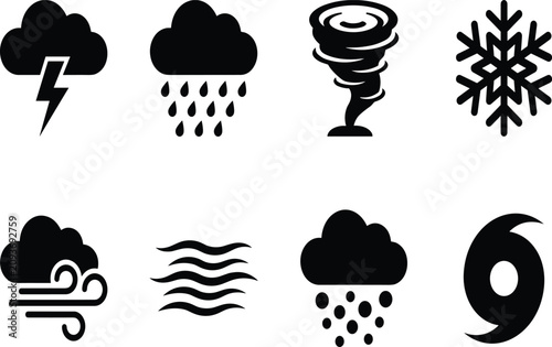 Photos Set of black severe weather icons isolated on white background featuring thunder