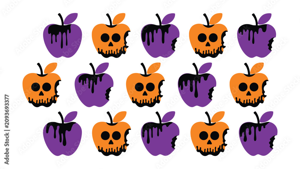 Fototapeta premium Halloween carved apples with dripping purple candy and skull faces design